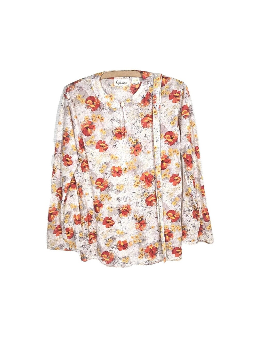 Vtg 80s Sheer Shirt w String Belt Nylon Crepe Red Floral Lady Manhattan 11/12